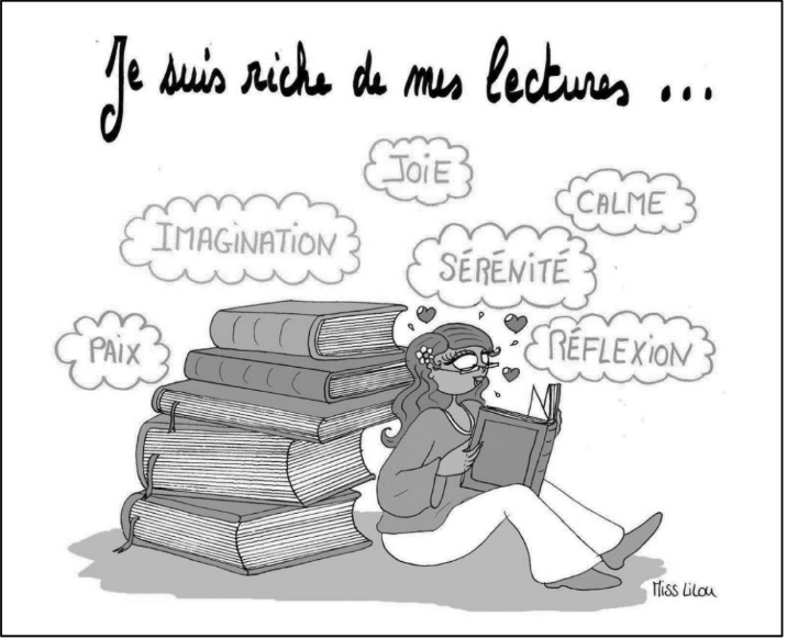 Eine lesende Person sitzt neben einem Bücherstapel; Gedankenwolken nennen Freude, Ruhe, Fantasie und Nachdenken.